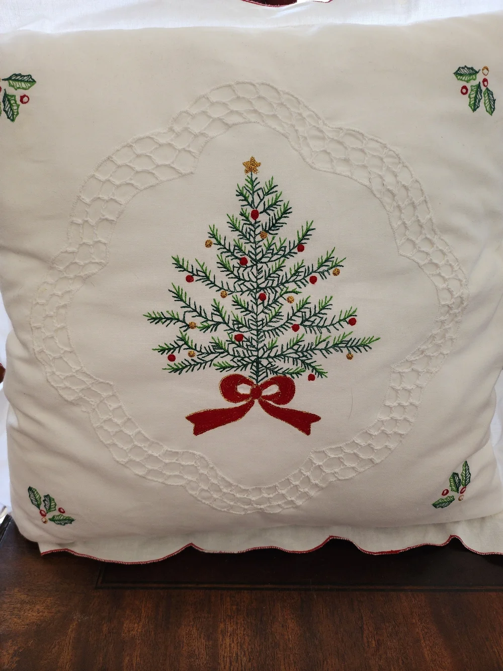 Embroidered Christmas Tree Holiday Pillow - White with Red & Green